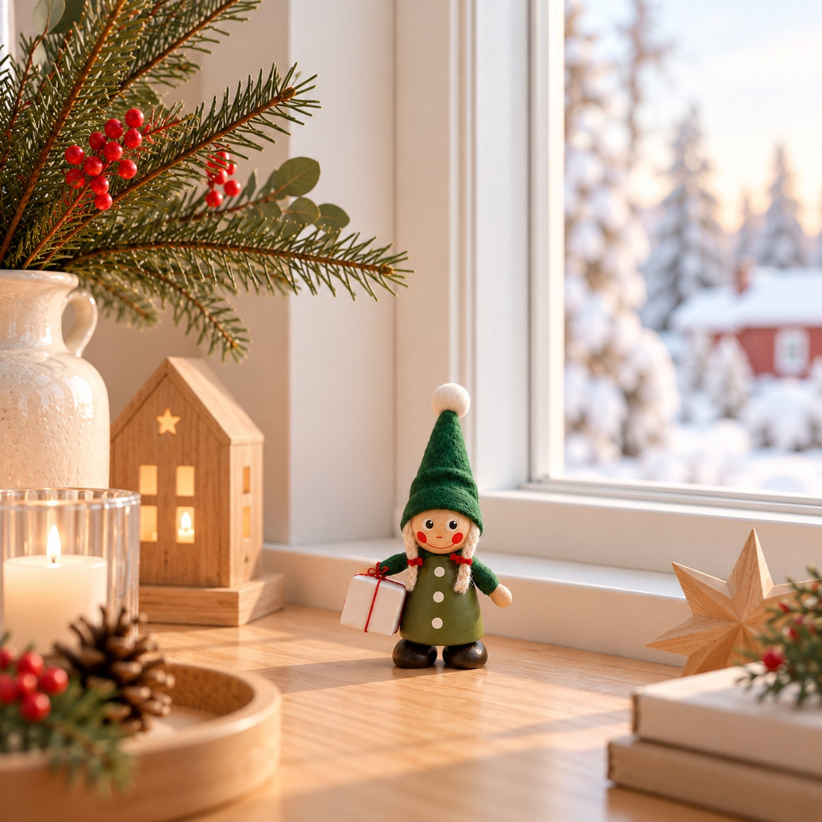 Schwedische Weihnachtsfigur „Tomteflicka“ – Grün, 13 cm