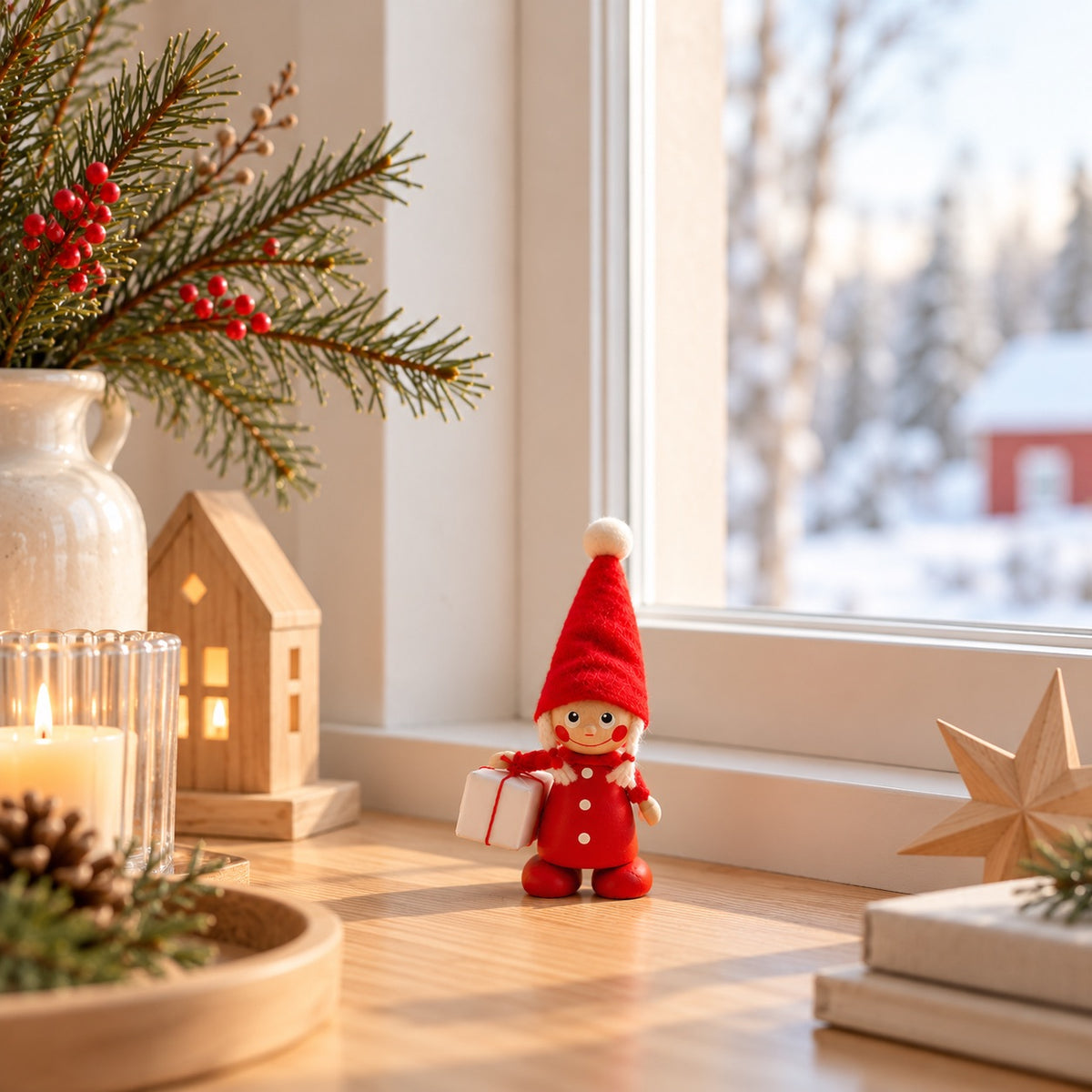 Schwedische Weihnachtsfigur „Tomteflicka“ – Rot, 13 cm